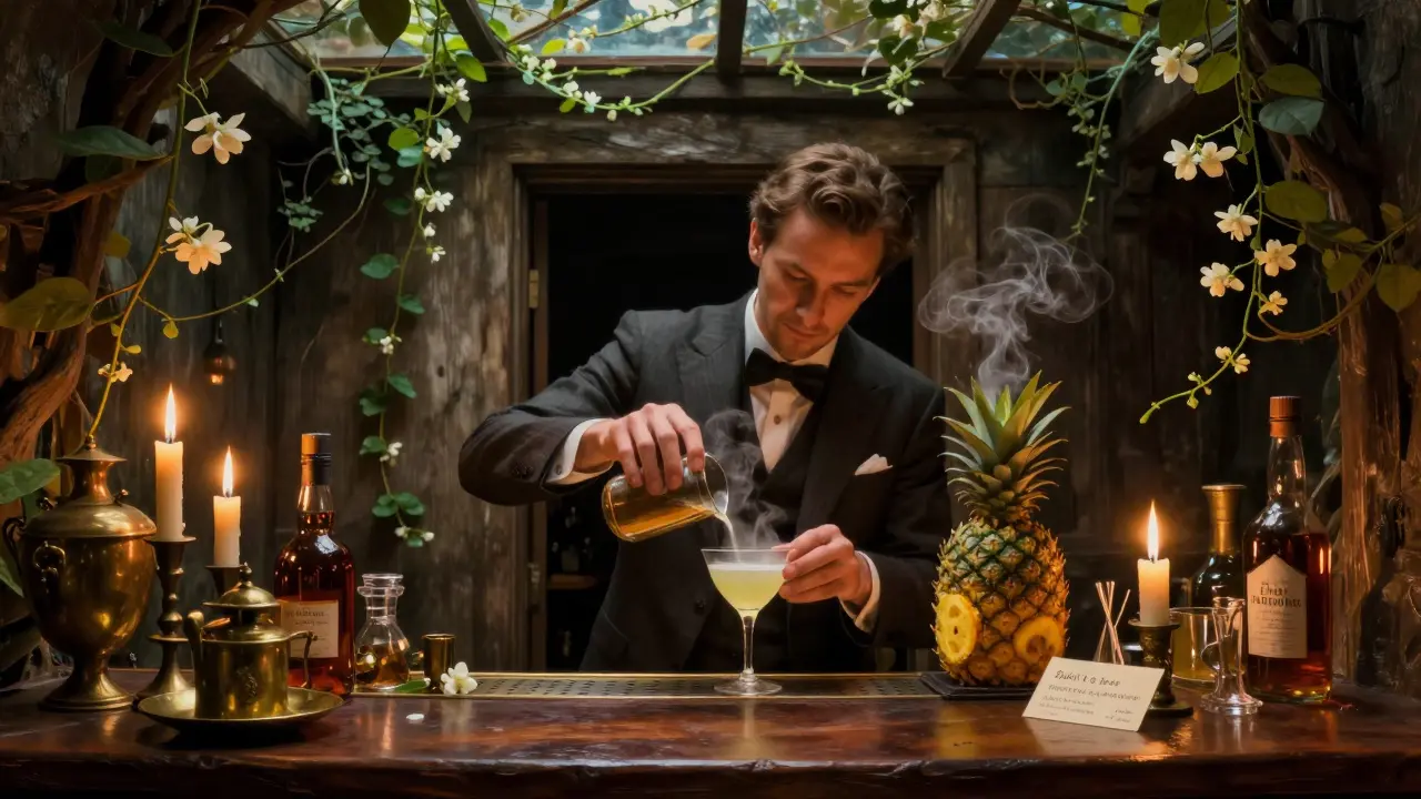 A mixologist crafting a bespoke cocktail in a hidden speakeasy filled with vines and candlelight.