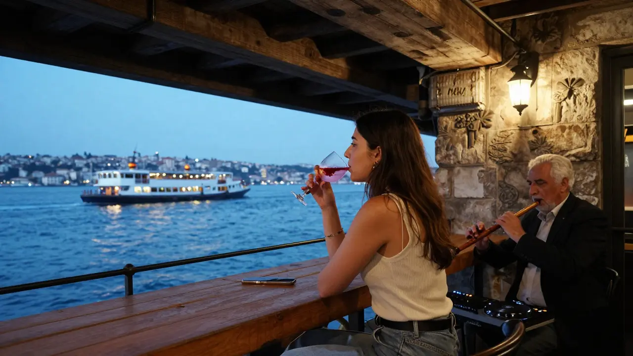 A modern cocktail bar in Karaköy blending vintage architecture with live ney music and contemporary beats over the Bosphorus.