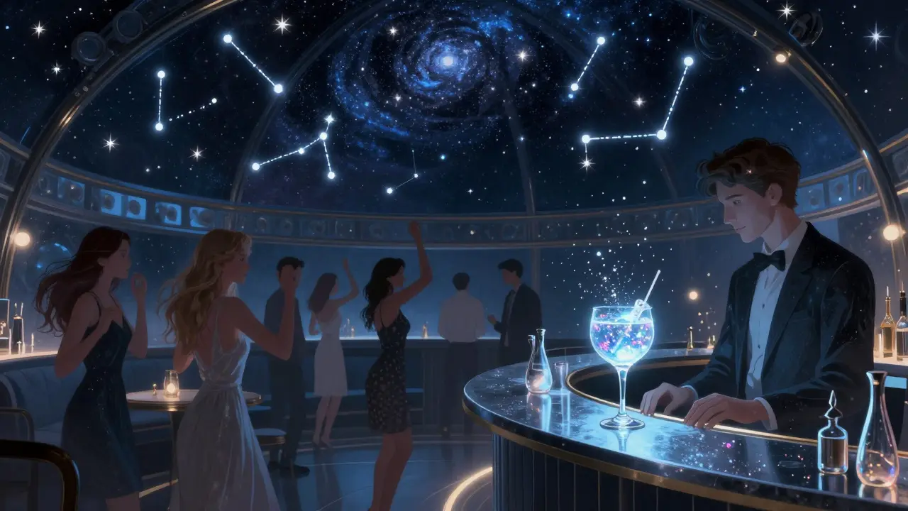 A nightclub under a moving night sky with glowing drinks and dancing patrons.