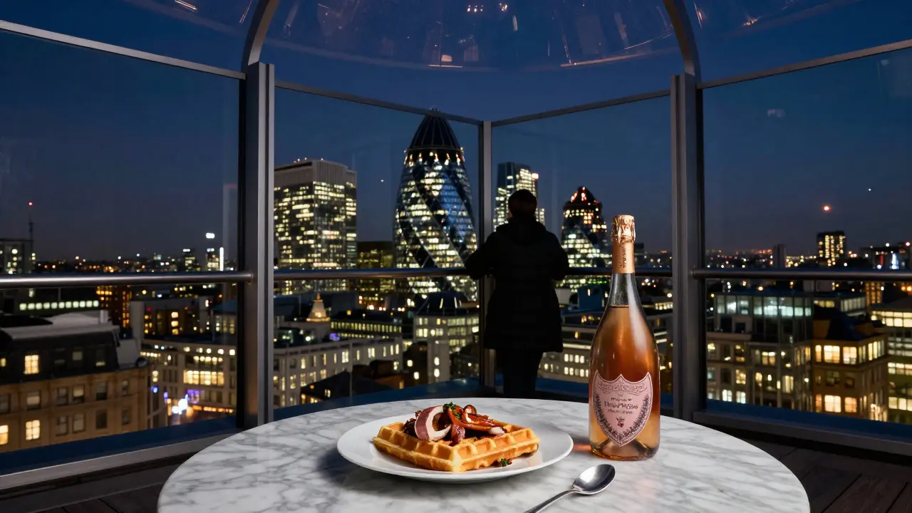 A person overlooking London’s skyline from a high-floor terrace at midnight with champagne and food on the table.