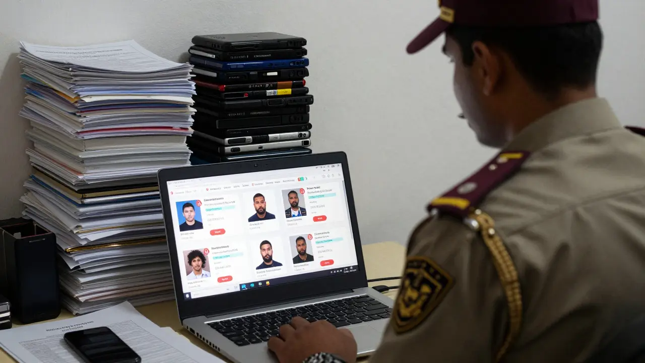 A police officer reviewing flagged online escort ads on a laptop, with confiscated devices in the background.