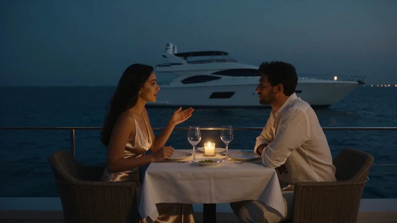 A private yacht dinner at twilight with two people sharing a quiet moment under candlelight on the Arabian Sea.