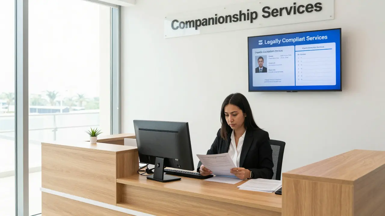 A professional companionship agency office with verified client documentation visible.