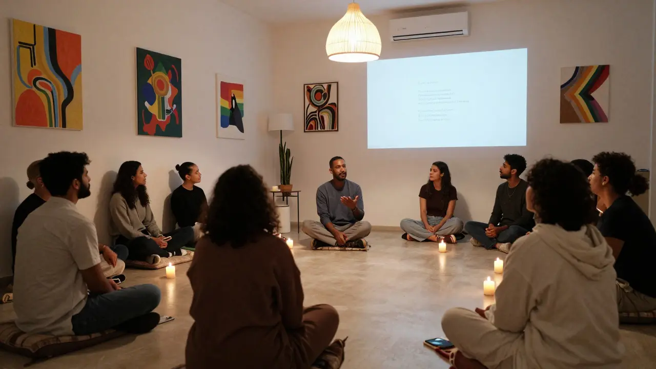 A quiet art gathering with people listening to a poem under a single lamp, walls covered in queer artwork.