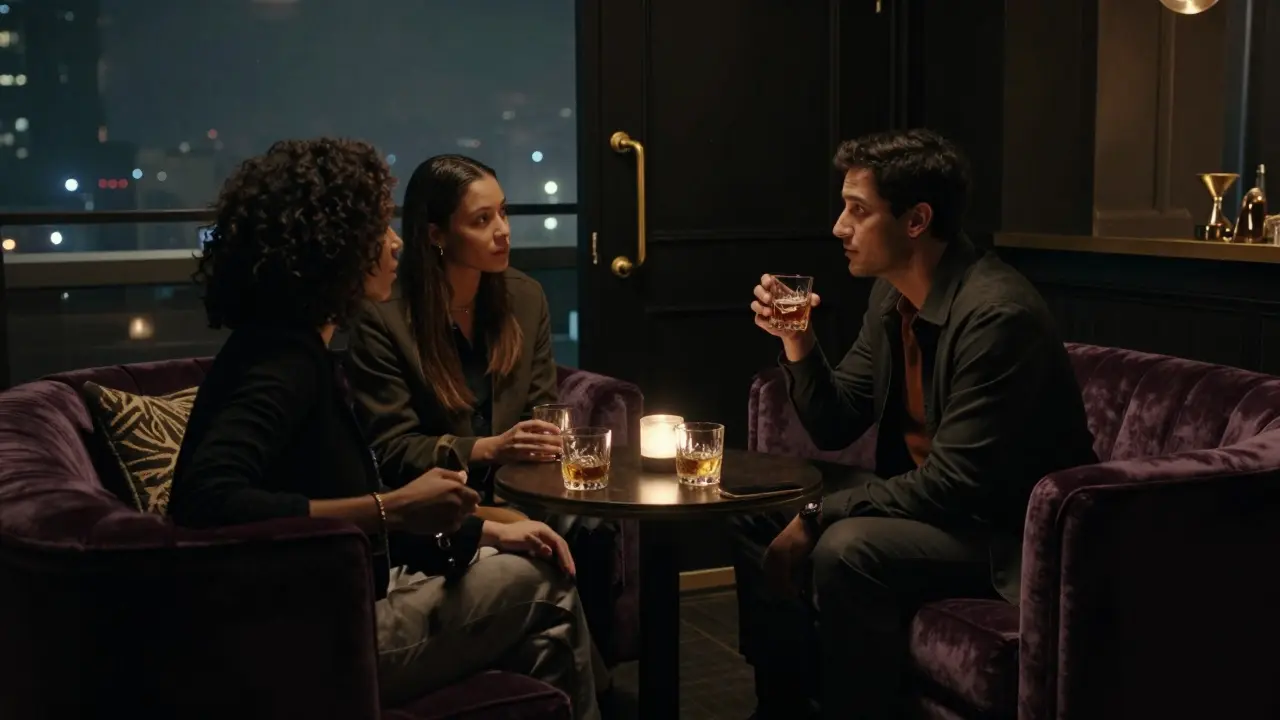 A quiet rooftop lounge at dawn with two people sharing a drink in low lighting, no phones visible.