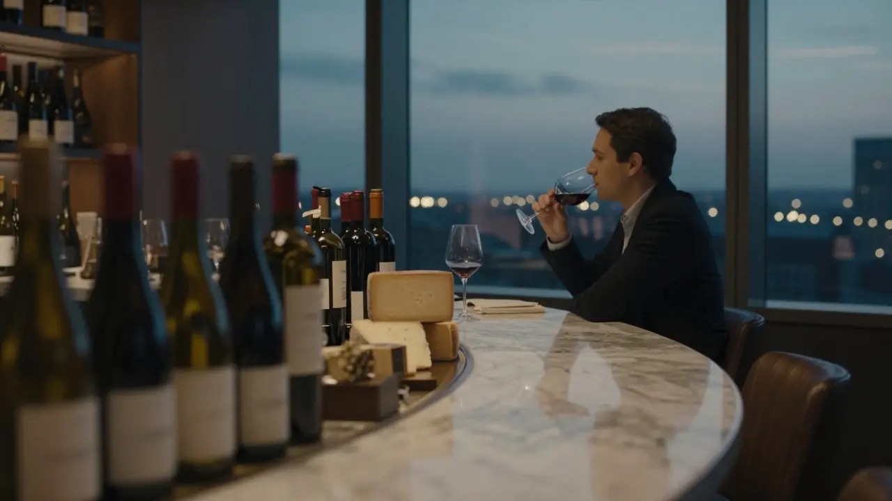 A quiet wine bar at dusk with elegant cheeses and glasses of wine, overlooking the city skyline in soft twilight.