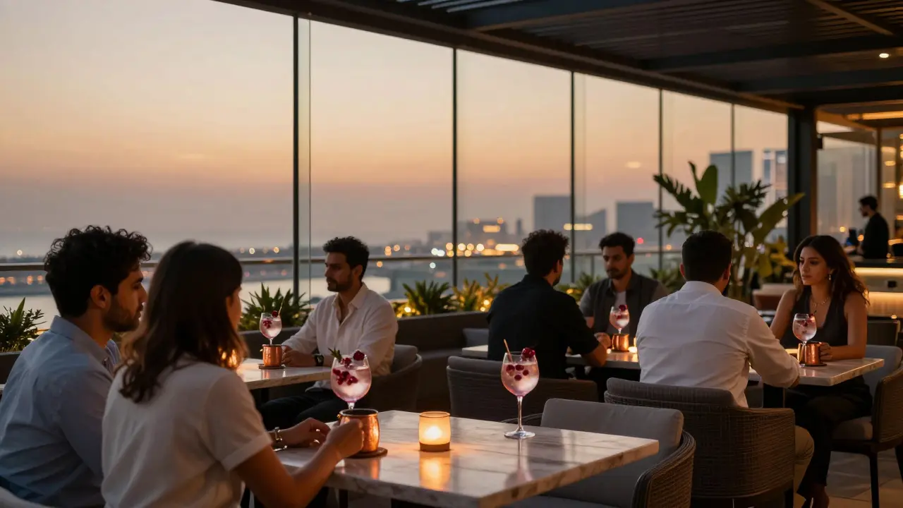 A rooftop bar at twilight with guests sipping cocktails, city lights glowing in the distance, and a calm, intimate atmosphere.