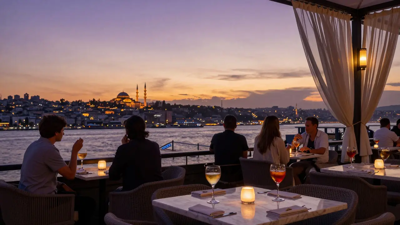 A rooftop bar overlooks the Bosphorus at sunset with city lights beginning to glow below.