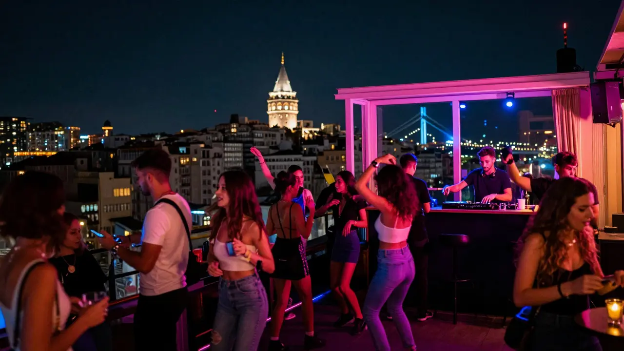 A rooftop club in Istanbul with a view of Galata Tower and the Bosphorus, people dancing under neon lights.