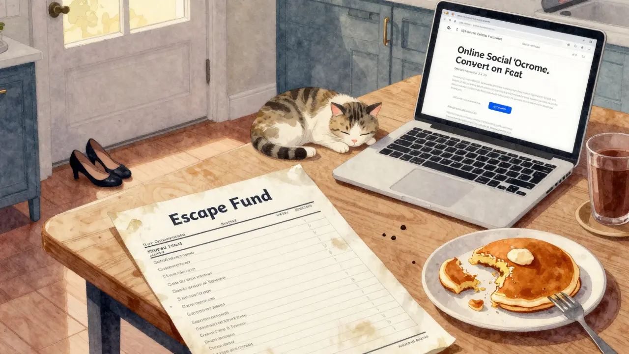 A savings account labeled 'Escape Fund' sits beside a sleeping cat and half-eaten pancake at dawn.