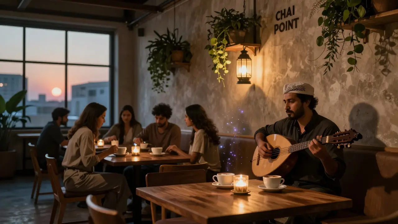 A serene 3 a.m. lounge with an oud player and patrons sipping drinks, industrial space softened by warm lighting.
