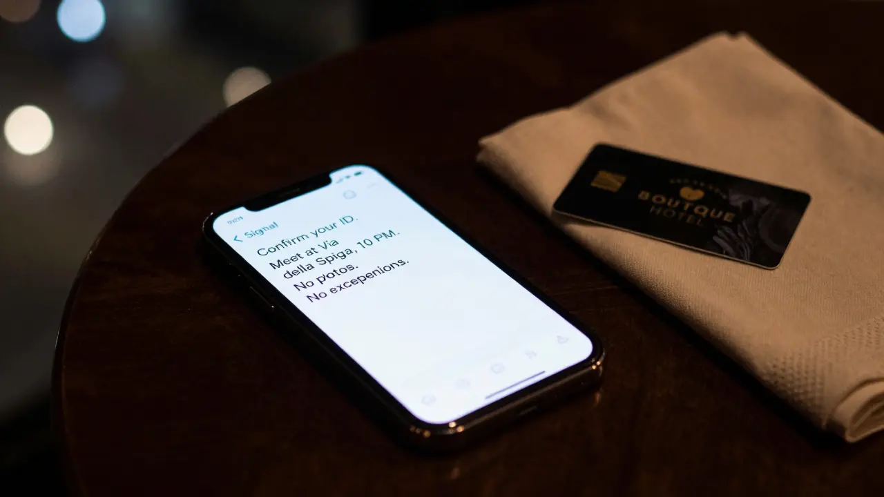 A smartphone displays an encrypted message on a wooden table beside a hotel keycard, city lights blurred in the background.