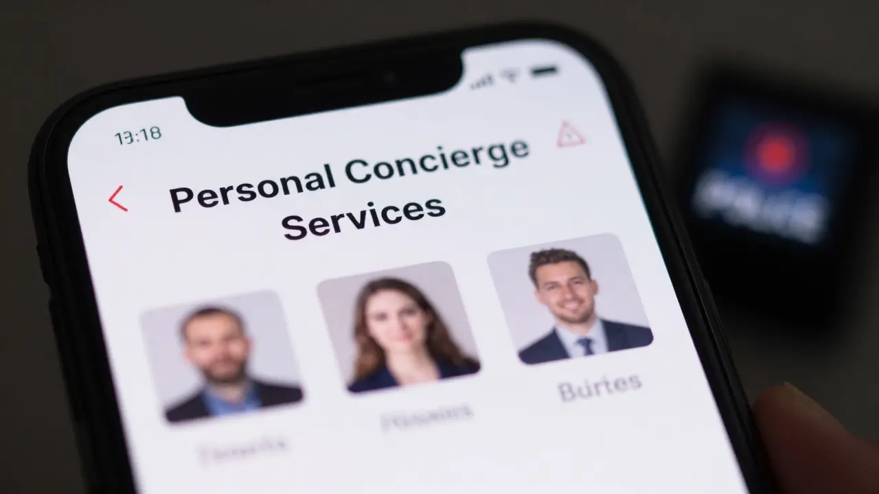 A smartphone screen displaying a vague 'Personal Concierge' profile with red warning icons and police scanner glow.