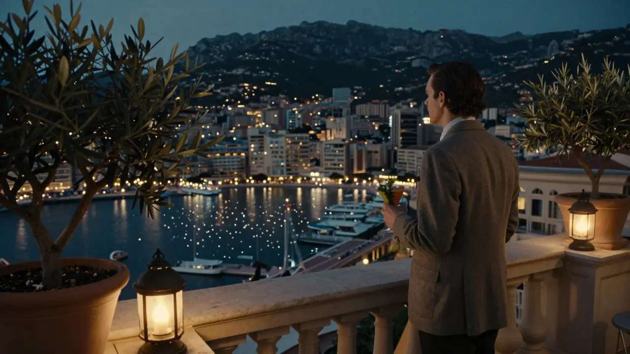 A solitary figure on a rooftop bar in Monaco, overlooking the glittering harbor at midnight under warm lantern light.