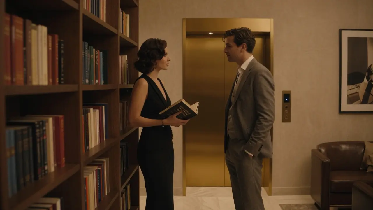 A sophisticated woman holding a classic book in a private lounge, engaging with a listener in soft amber light.