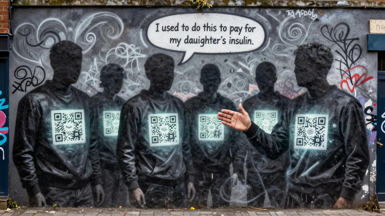 A street mural in Bethnal Green with faceless figures and glowing QR codes, whispering voices emerging from the walls.