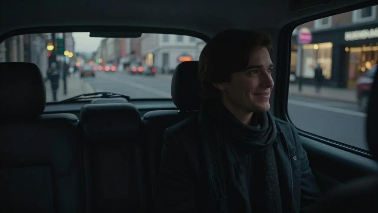 A taxi at 3 a.m. in London, a scarf left on the backseat, neon lights reflecting on the window.