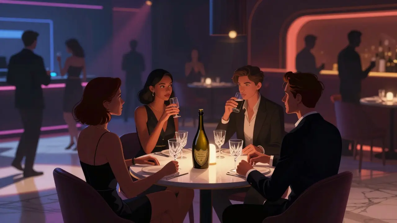 A VIP table at Le Palace nightclub with champagne bottles and guests in tailored clothing, softly lit by rhythmic neon glow.
