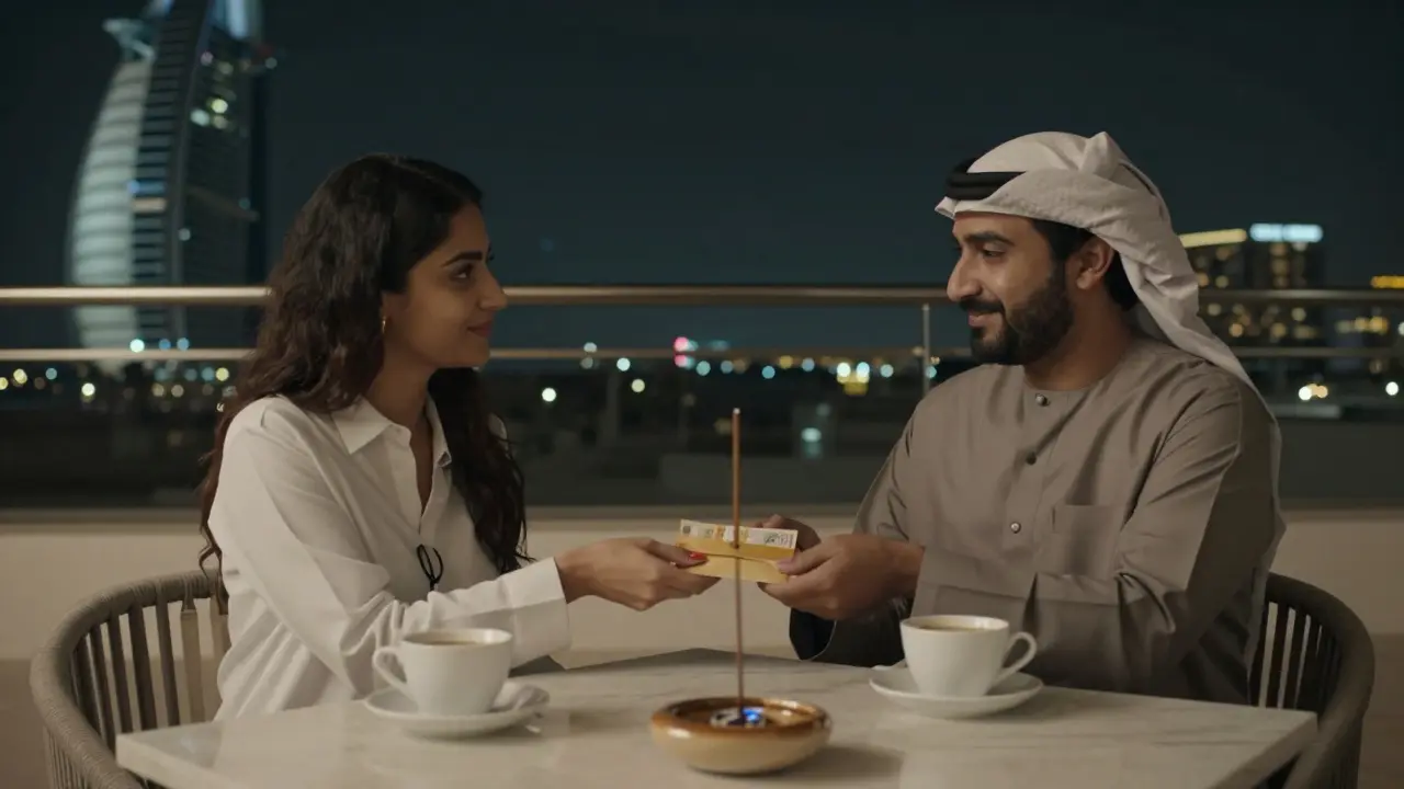 A woman handing cash to a man at a quiet rooftop café, both smiling gently in the nighttime city light.