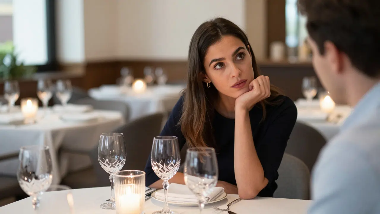 A woman in an elegant dress shares a quiet, candlelit dinner with a client, focused entirely on listening.