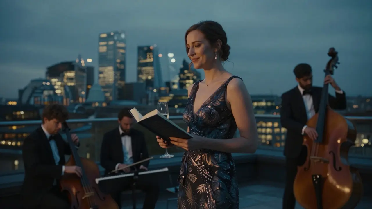 A woman on a London rooftop at twilight, holding a book and champagne, with the city lights glowing behind her.