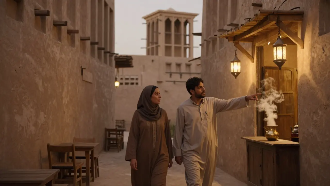 A woman showing a man a historic alley in Al Fahidi, pointing to a traditional coffee shop at dusk.