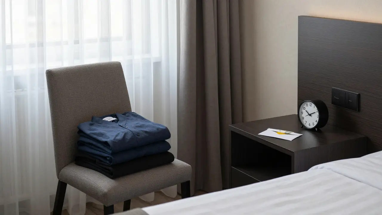An empty hotel room in Paris with folded clothes and cash on the nightstand, soft morning light filtering through curtains.
