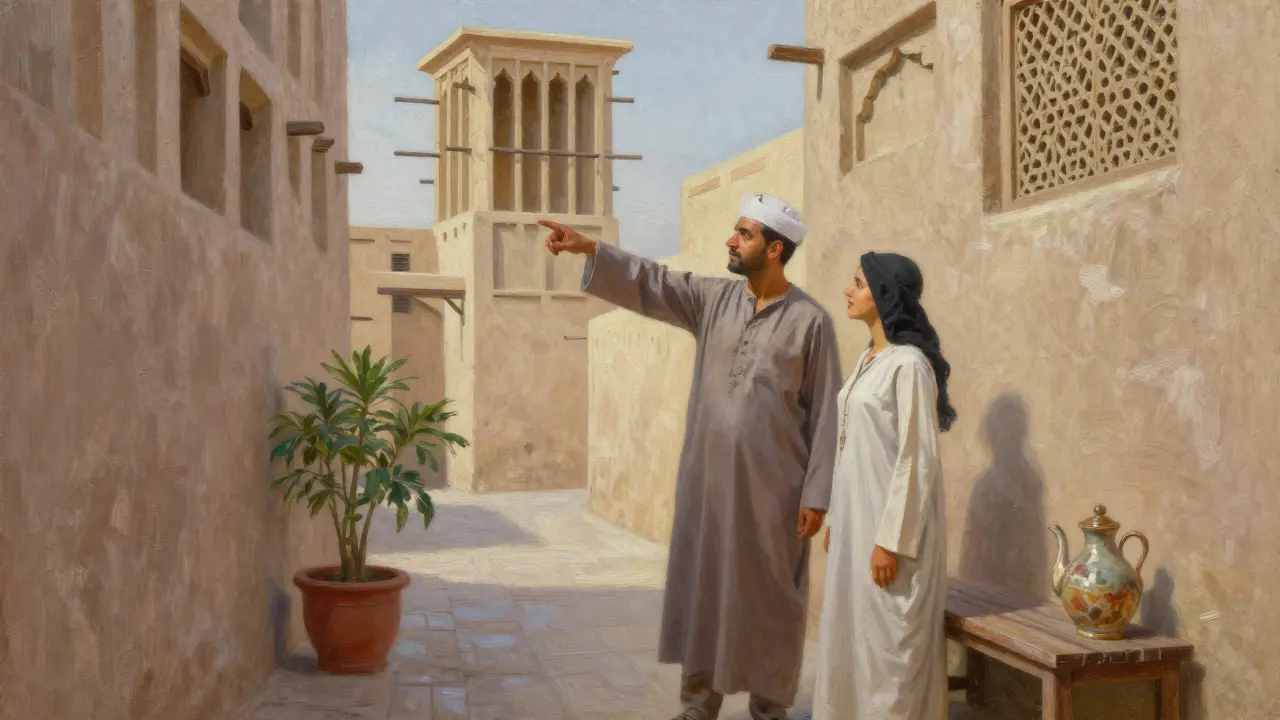 An escort showing a visitor a hidden alley in Al Fahidi, cultural details visible in the architecture and surroundings.