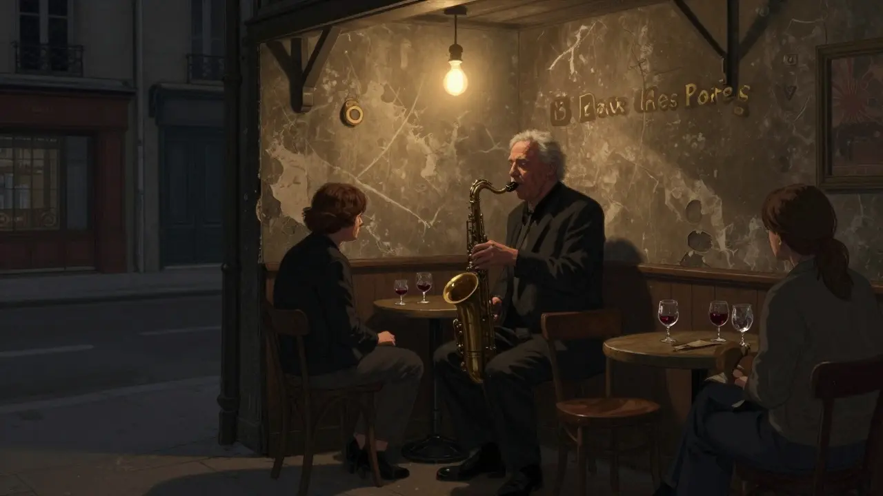 An intimate jazz bar with a single bulb lighting a saxophonist playing a slow ballad to quiet patrons.