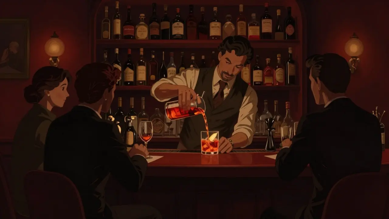 Bar Basso's intimate interior where a bartender crafts a classic Negroni Sbagliato.