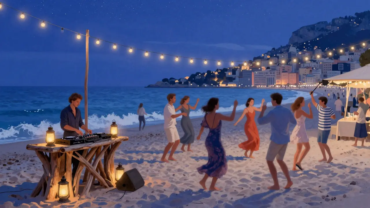 Barefoot dancers on a beach at midnight, string lights and ocean waves under a starry sky in Monaco.
