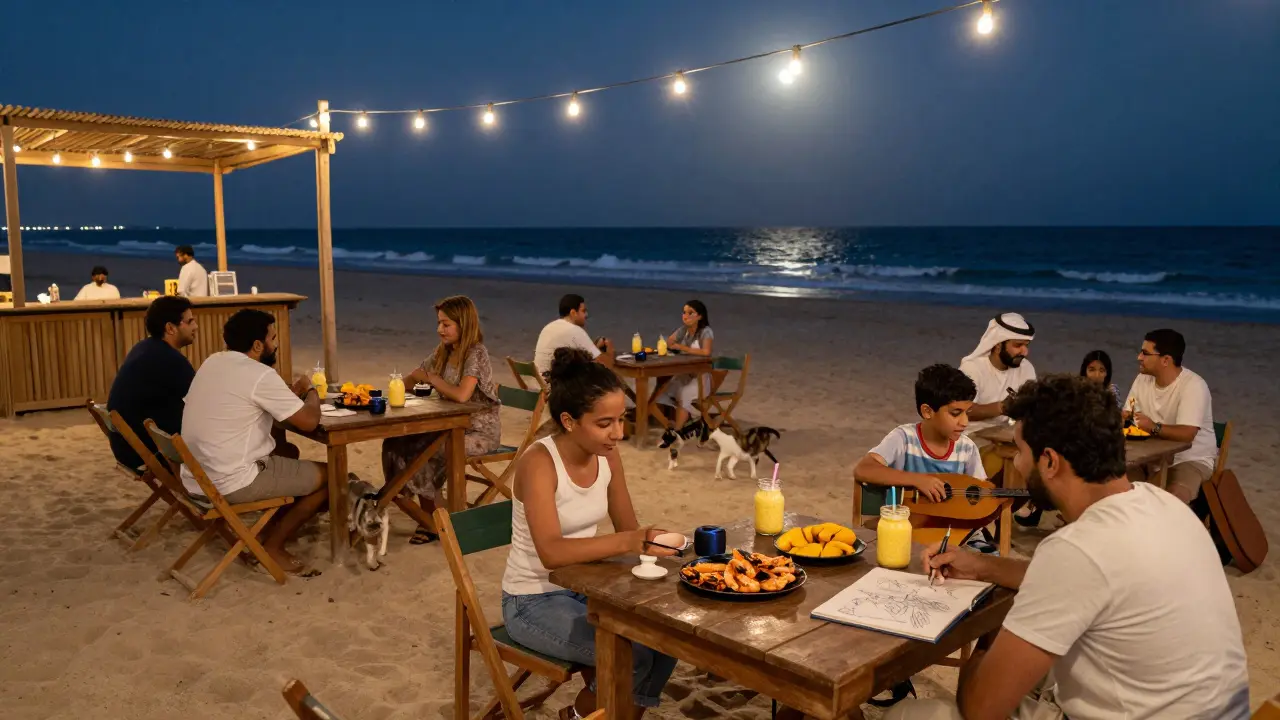 Beachside shack at midnight with locals drinking, music playing, and cats wandering.