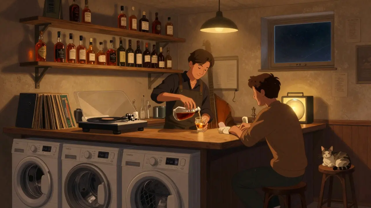 Cozy basement bar behind a laundry, bartender pouring whiskey, vinyl record spinning, no signs.