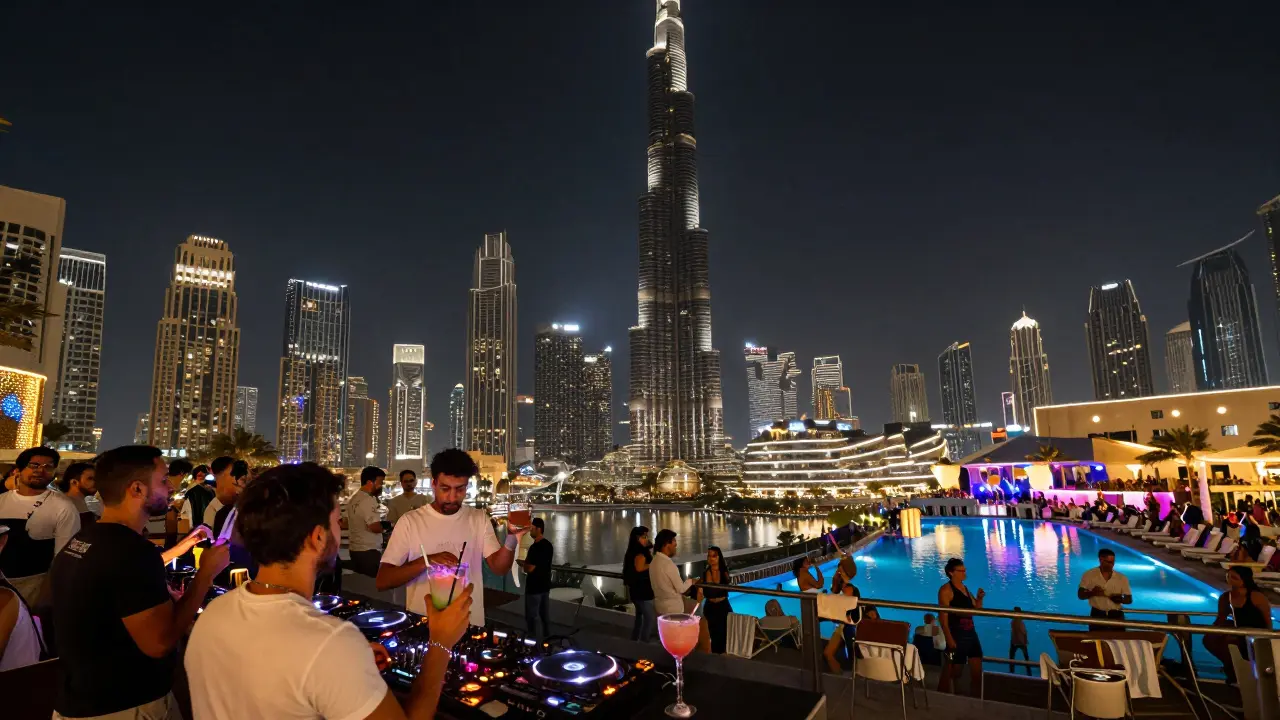 Crowd enjoying rooftop bars in Downtown Dubai with Burj Khalifa glowing in the background.
