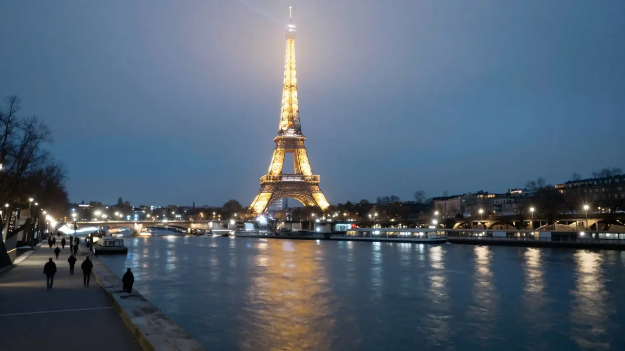 Eiffel Tower sparkling over Seine River with night skyline reflections.