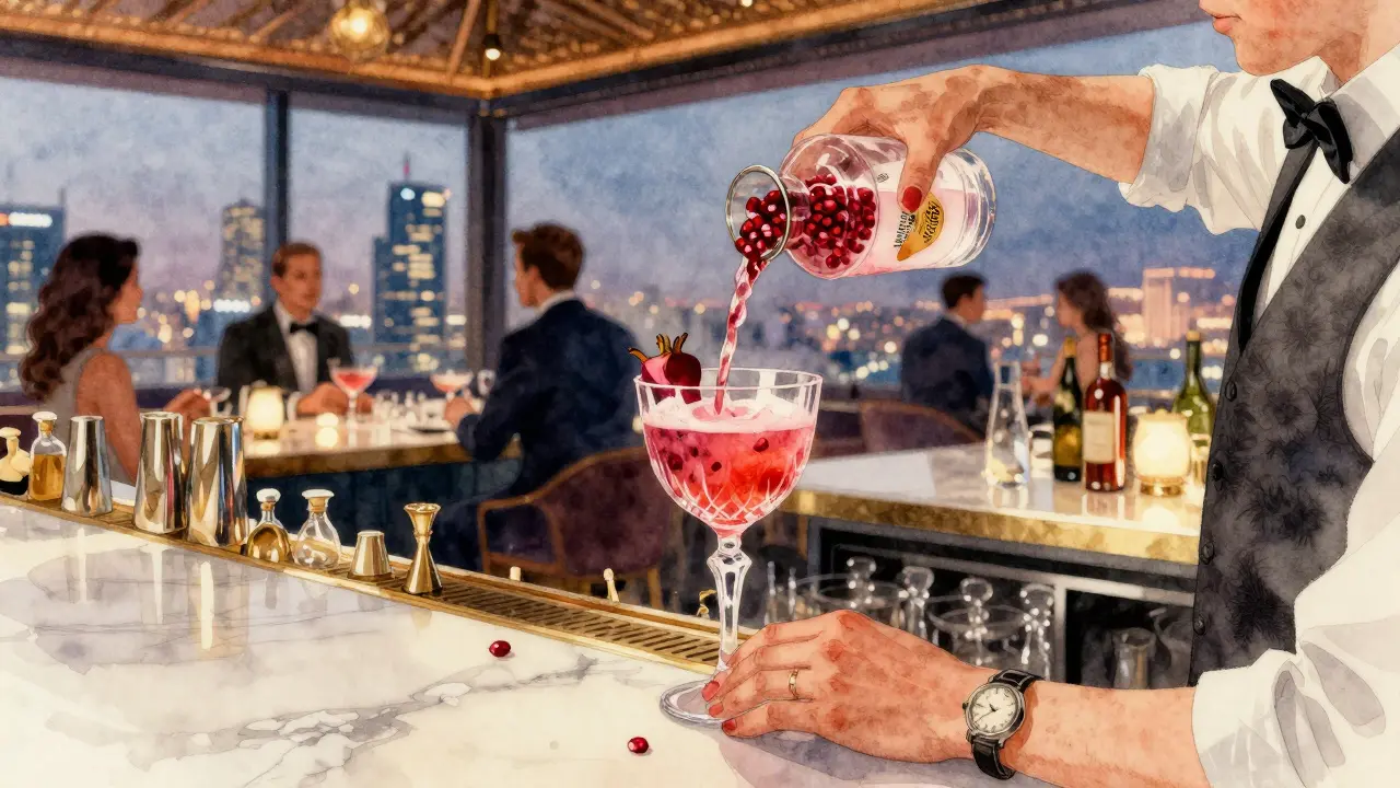 Elegant rooftop bar serving signature cocktails with Abu Dhabi skyline view