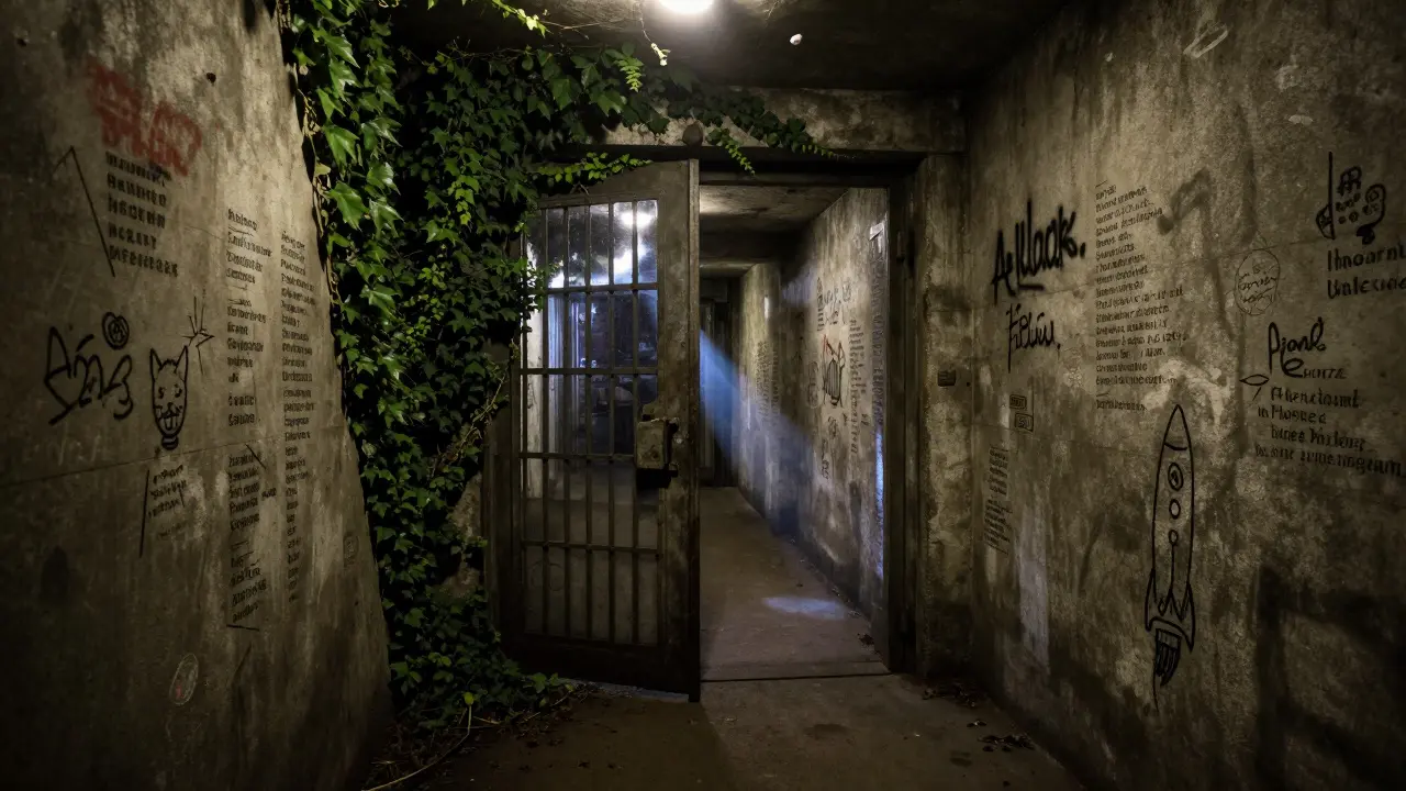 Graffiti-covered tunnel under S-Bahn, ivy-covered door, flashlight beam revealing hidden walls.