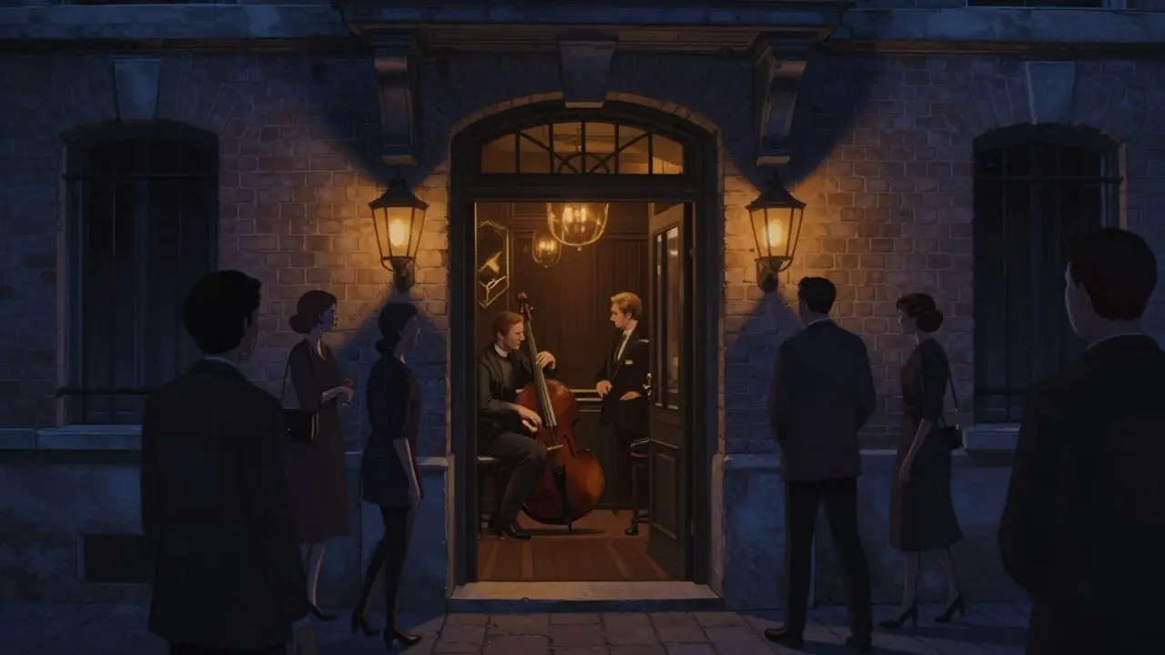 Hidden speakeasy bar entrance in Montmartre with jazz music.