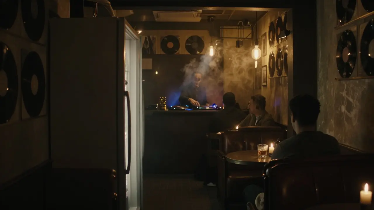 Hidden speakeasy with vinyl walls and dim lighting, patrons enjoying Arabic jazz.