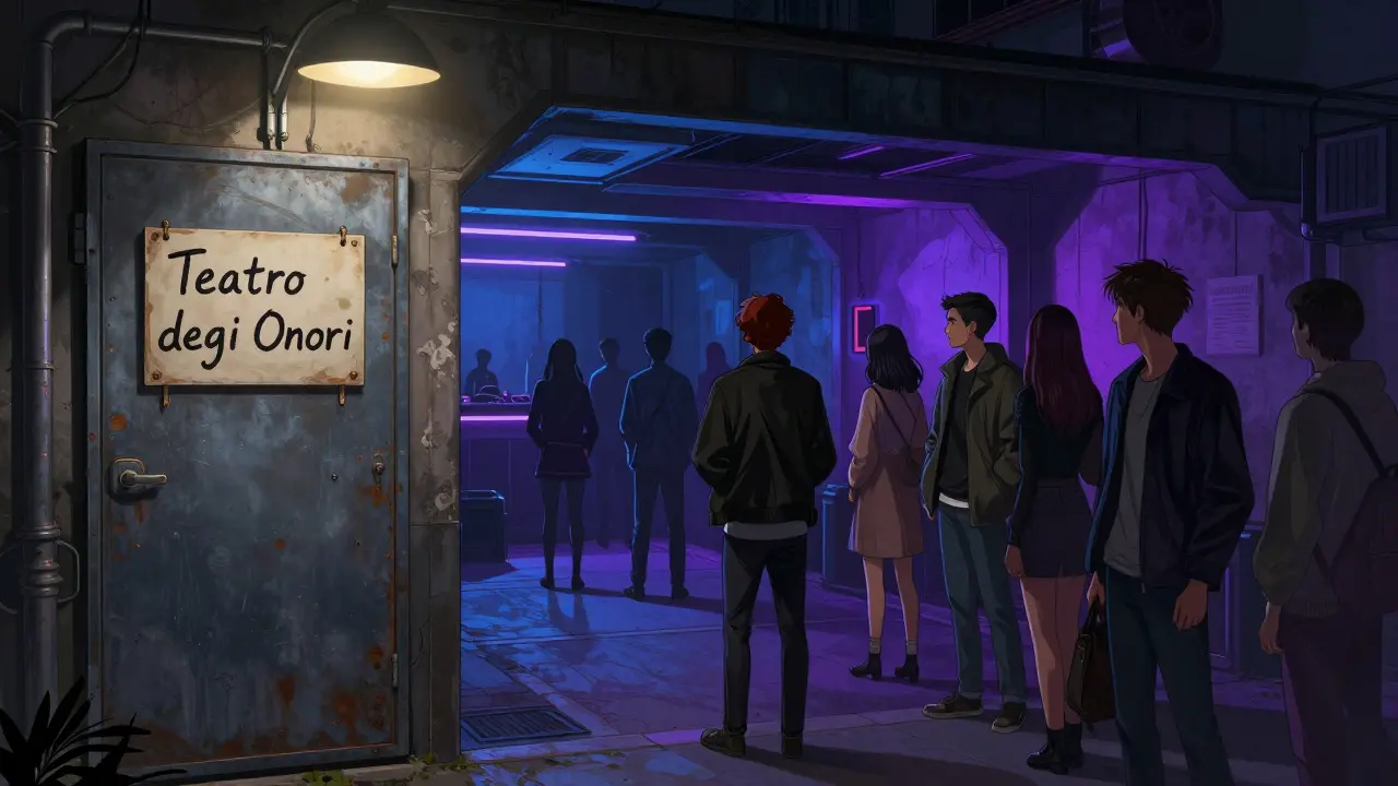 Hidden underground club entrance in Lambrate with handwritten sign and locals waiting.