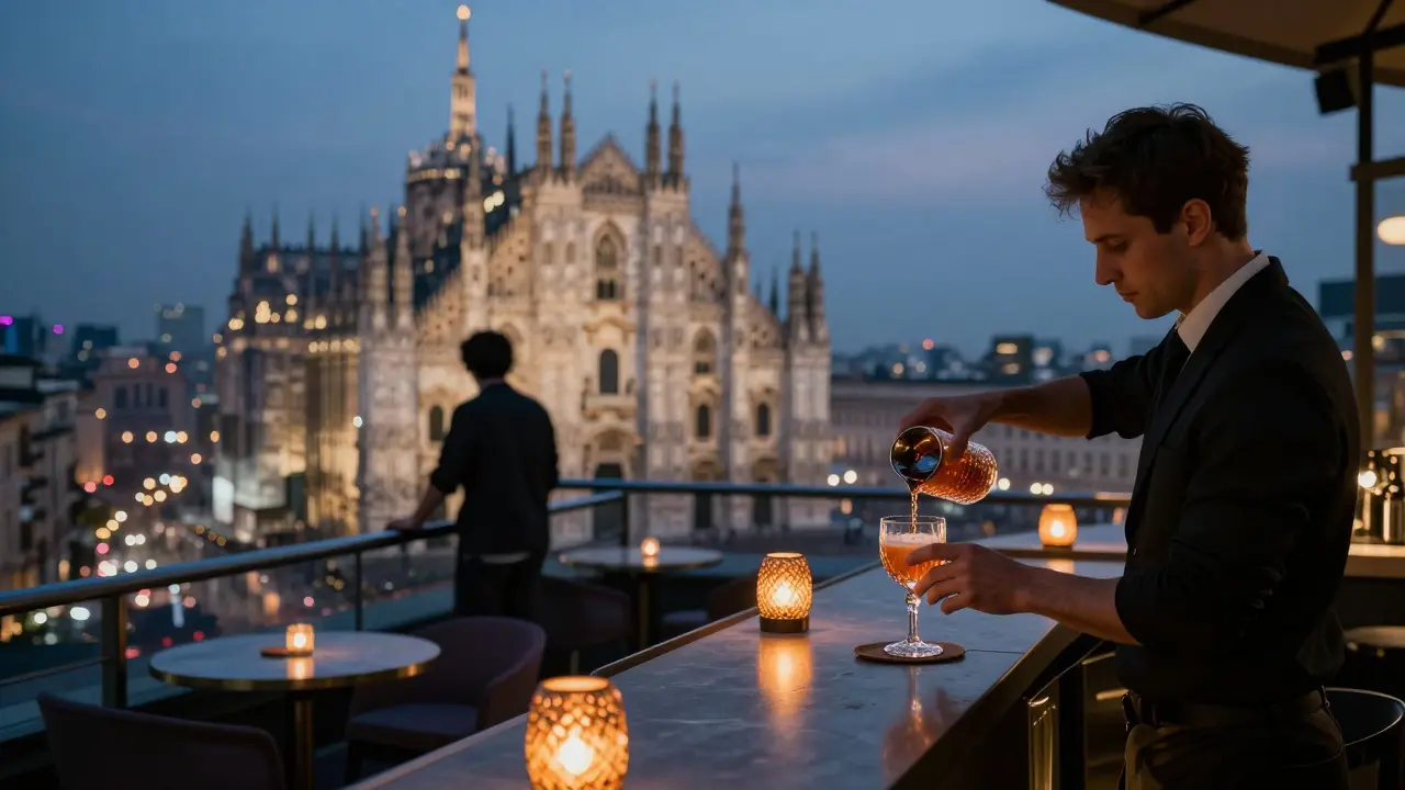 Intimate rooftop bar with city skyline view and mixologist crafting a cocktail at twilight.