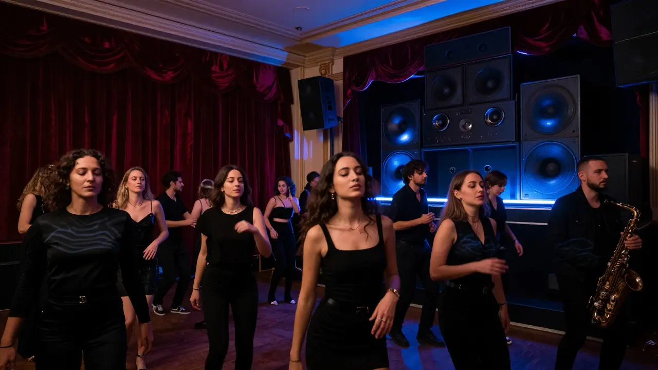 La Scala Club at peak night, crowd dancing to deep house in a converted cinema.