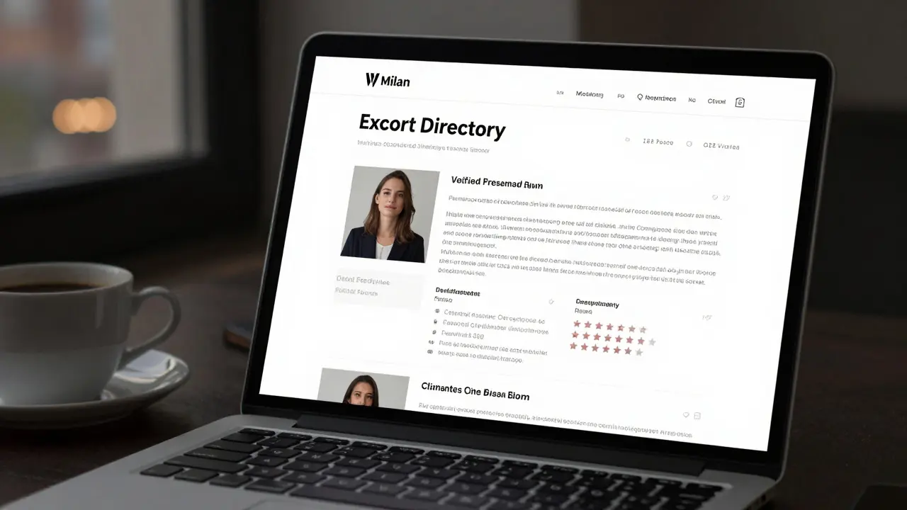 Laptop displaying a verified escort directory with detailed profiles, in a quiet room with city lights outside.