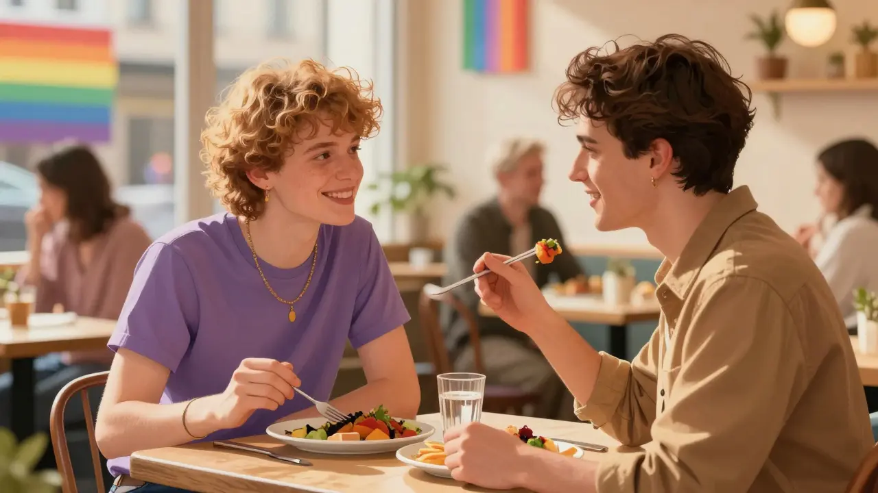 LGBTQ+ escort and client dining at Berlin café with rainbow decor