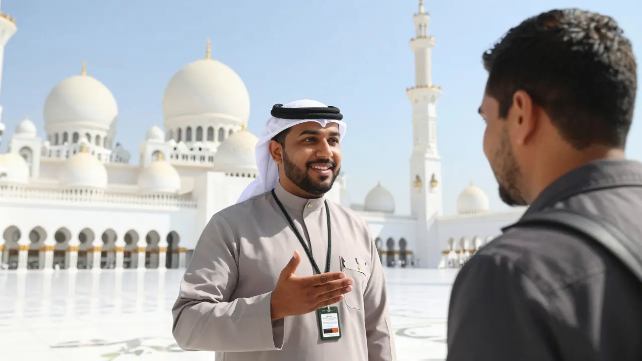 Licensed tour guide showing cultural site to tourist in Abu Dhabi.