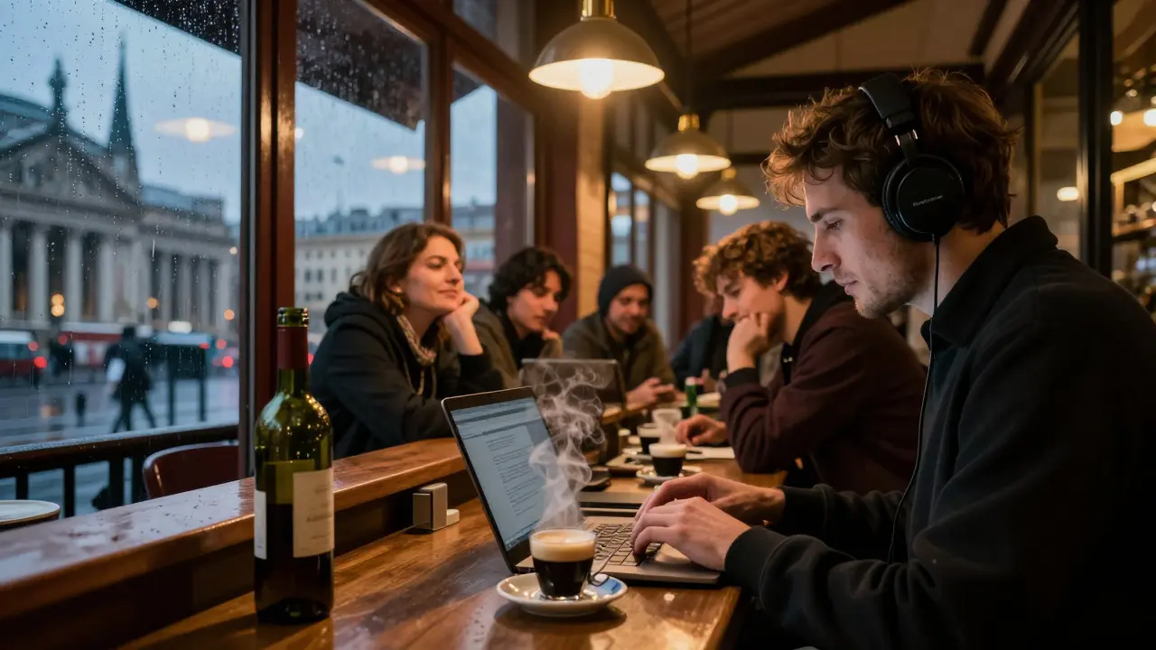People chatting over coffee and wine at a 24-hour cafe near dawn in Milan.