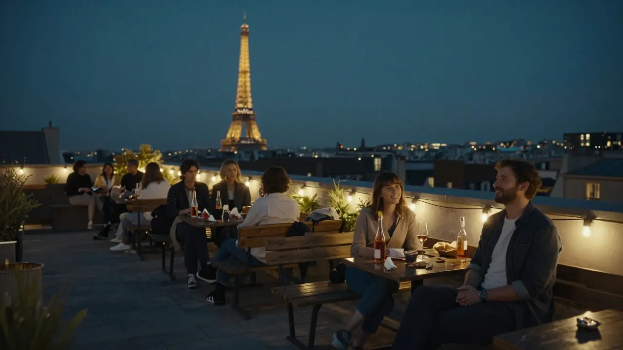 People relaxing on a rooftop terrace in Paris at midnight, sipping rosé as the city lights twinkle behind them.