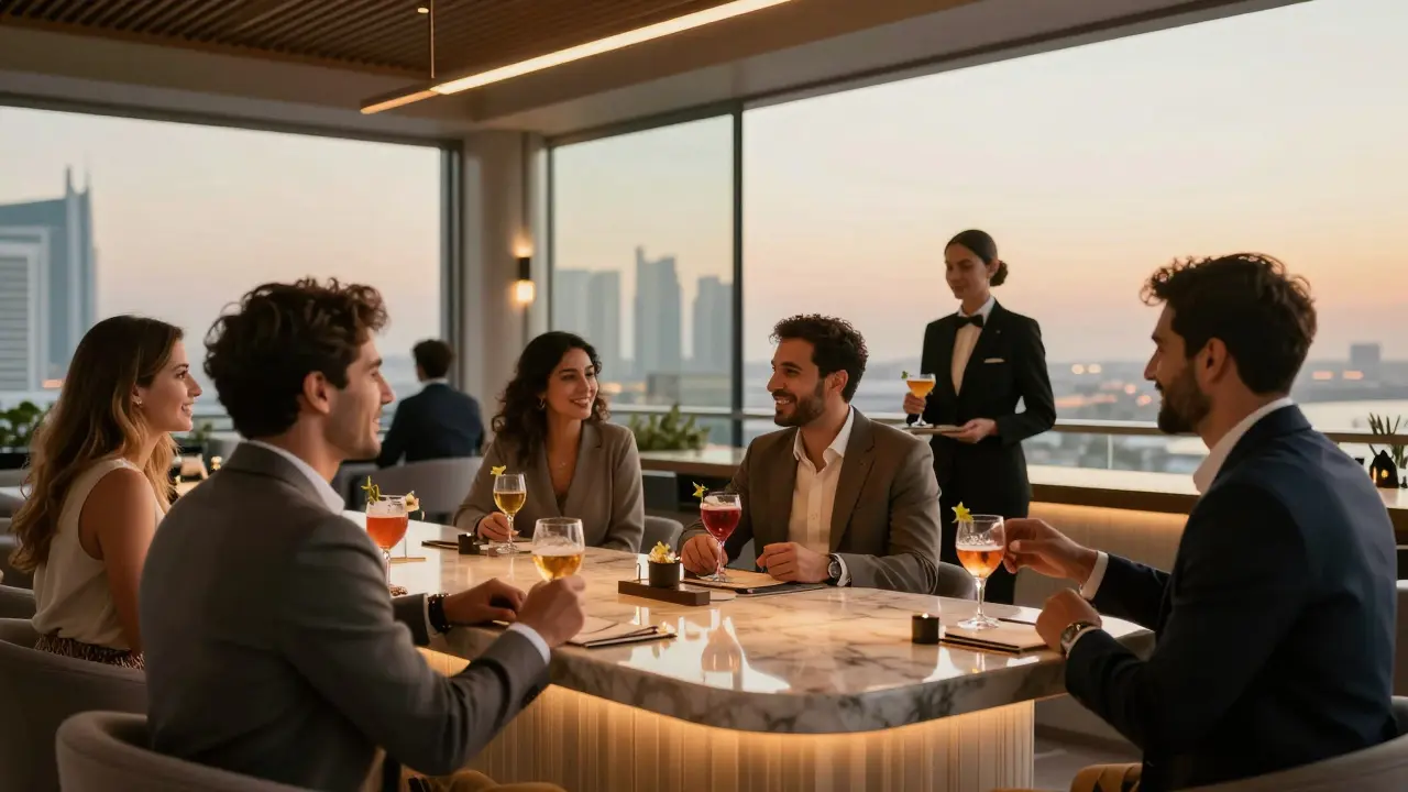 People socializing at a luxury Abu Dhabi rooftop bar, enjoying drinks and conversation without physical intimacy.