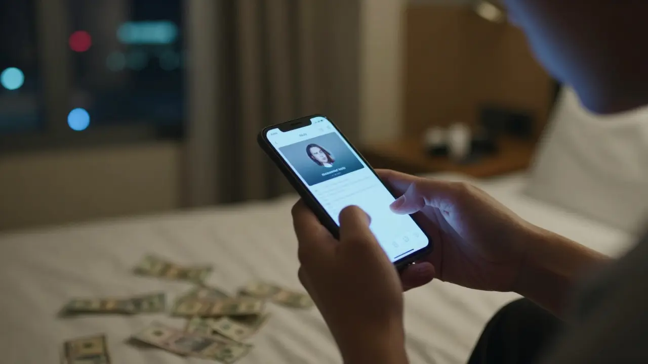 Person holding phone with suspicious social media profile in dim hotel room.