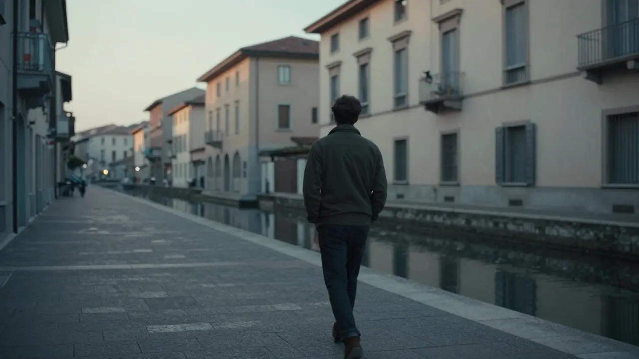 Person walking away from a Milan hotel at dawn, dressed plainly, alone on a quiet street near a canal.